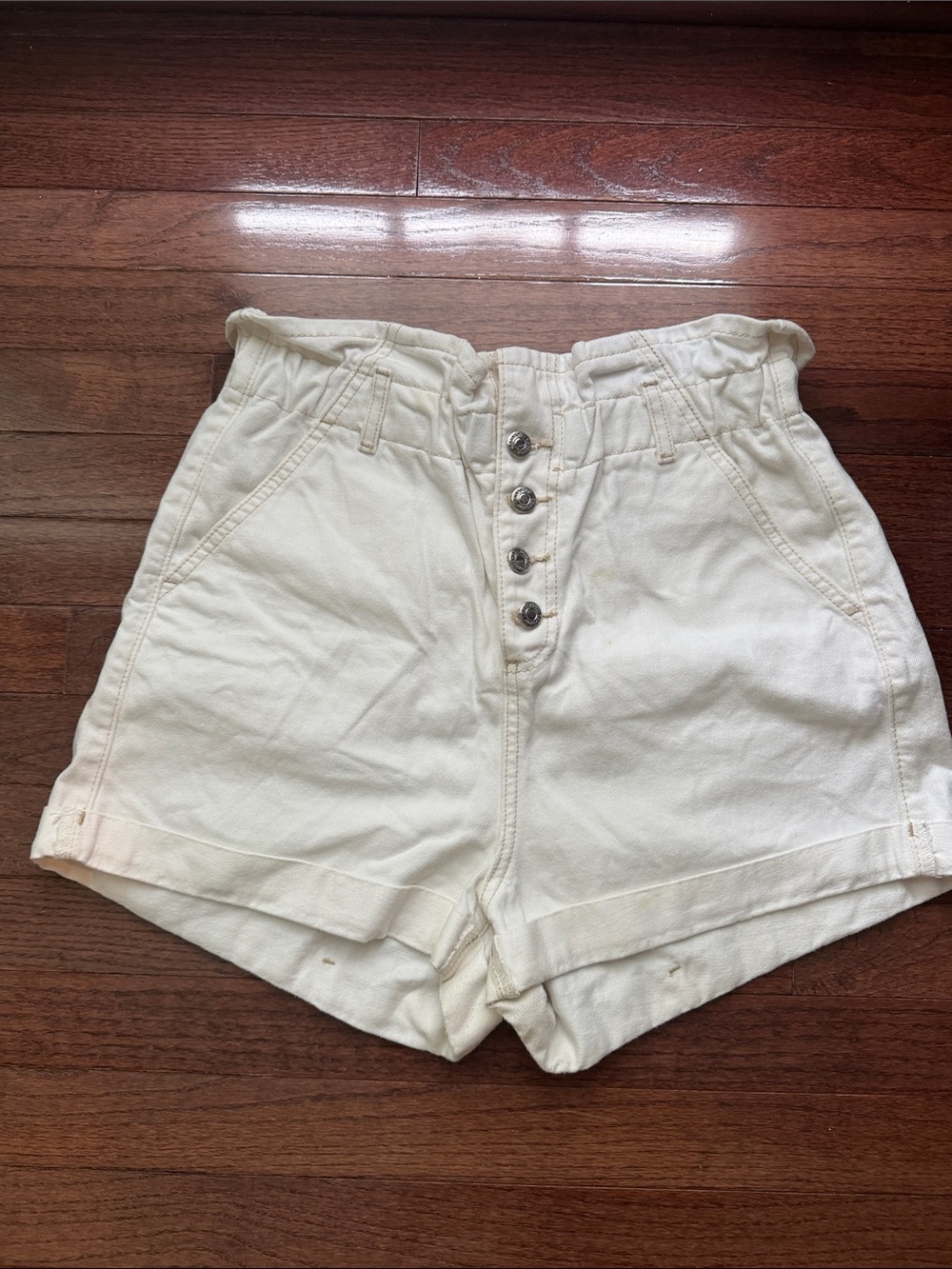 Topshop High-Waist Cream Button-Front Paperbag Shorts